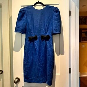 vintage 💯 linen cobalt blue bow front midi dress